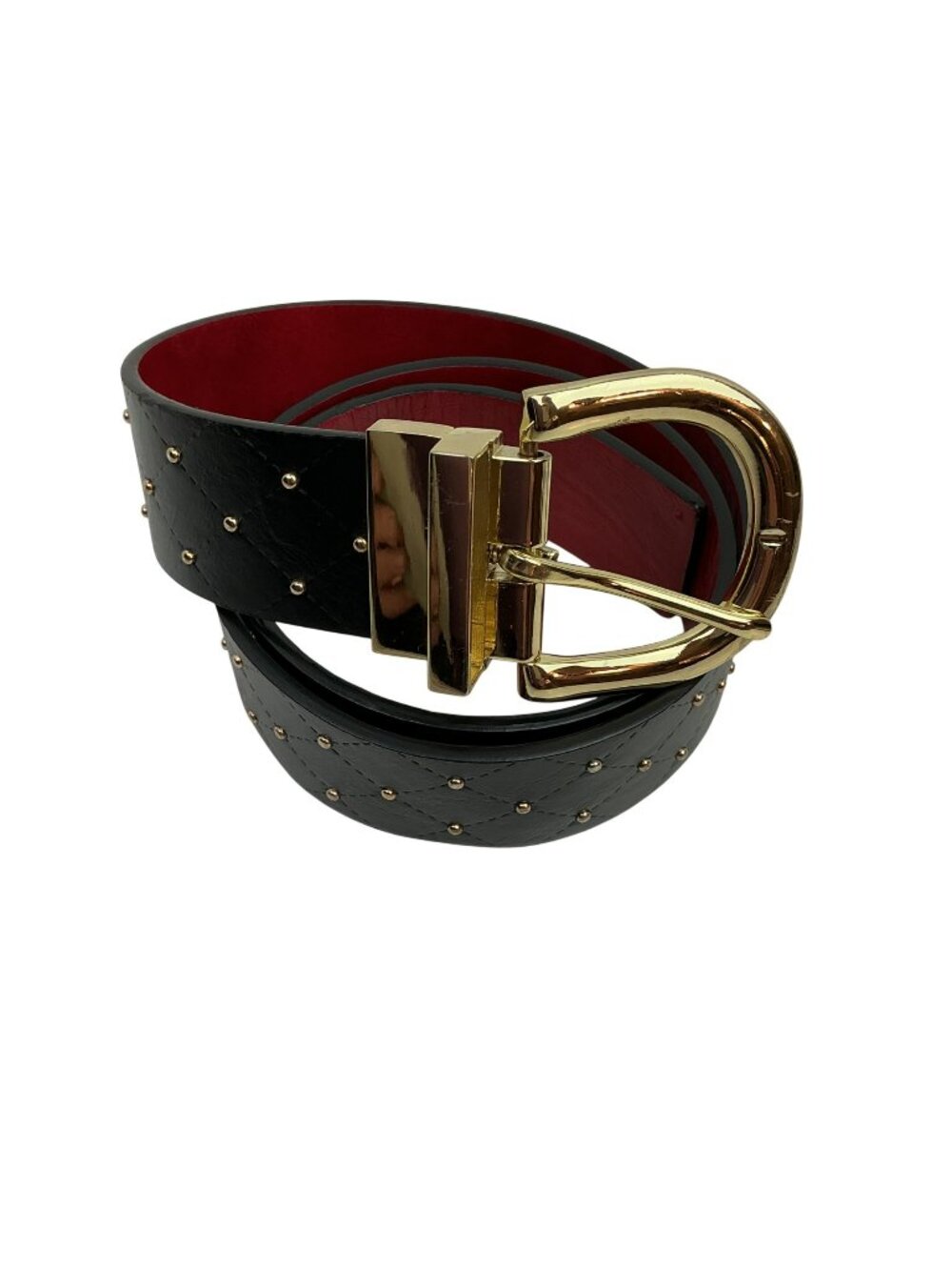 Quilted Reversible Leather Belt With Gold Studs & Buckle Womens Black Red